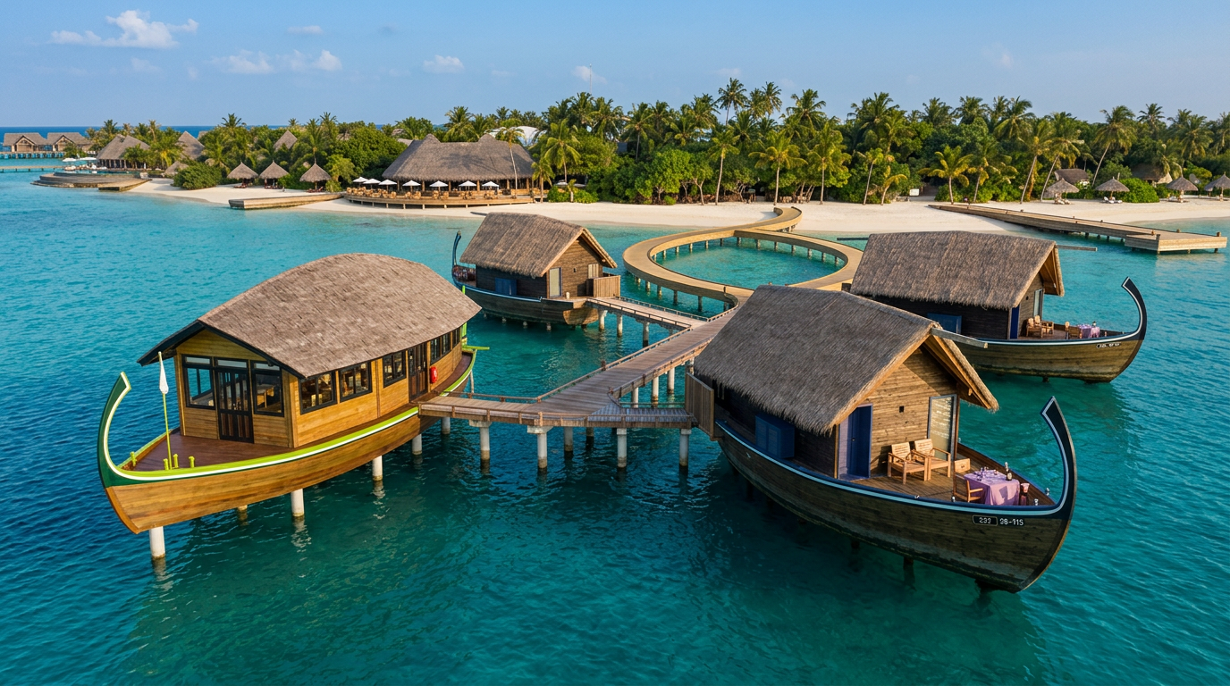 Naakolhu-inspired Maldivian overwater villas moored above a turquoise lagoon