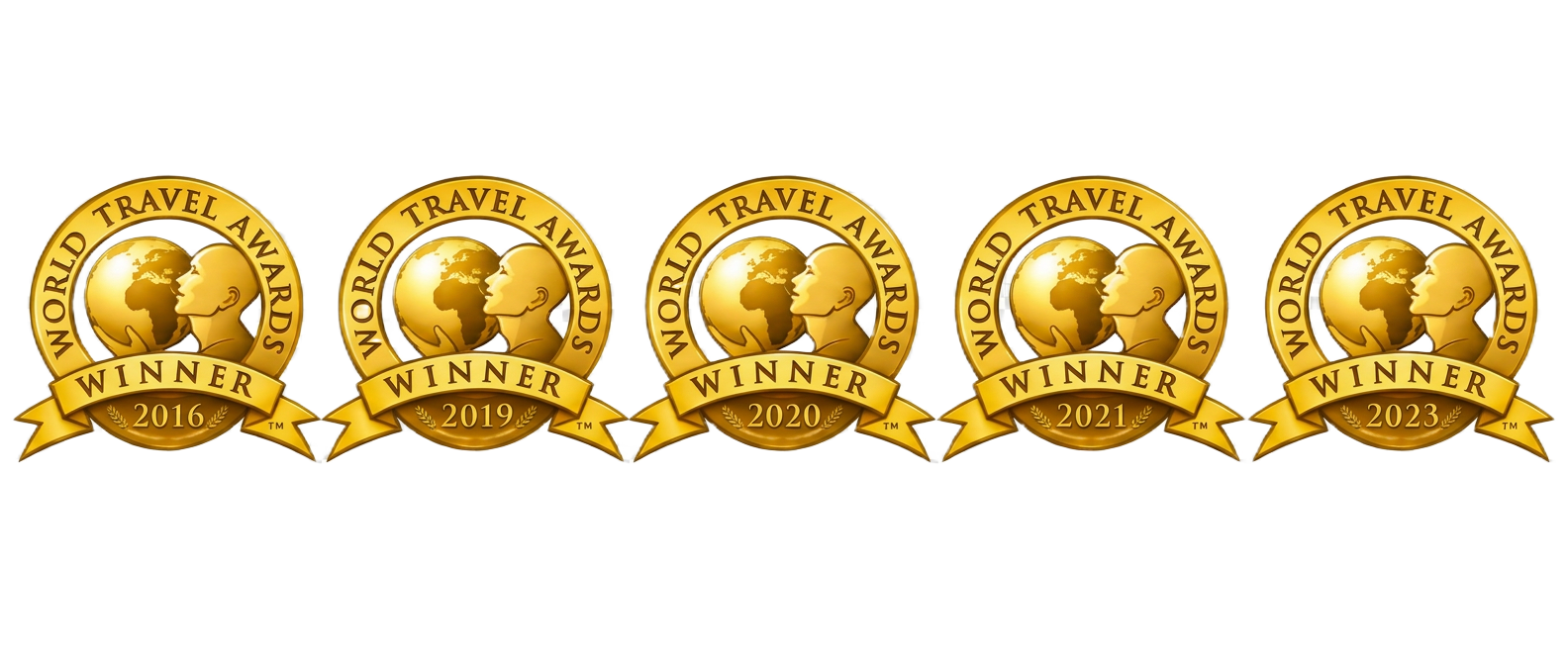 World Travel Awards winner badges for Hey Maldives 2016, 2019, 2020, 2021 and 2023