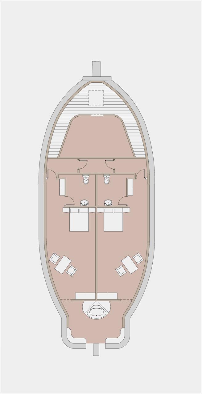 Atoll Villa Two Suites deck plan — 2 double suites, 2 en-suite bathrooms, Aft lounge seating, Forward shaded deck